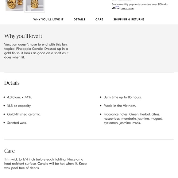 NEW WEST ELM Gold pineapple candle - Picture 2 of 4